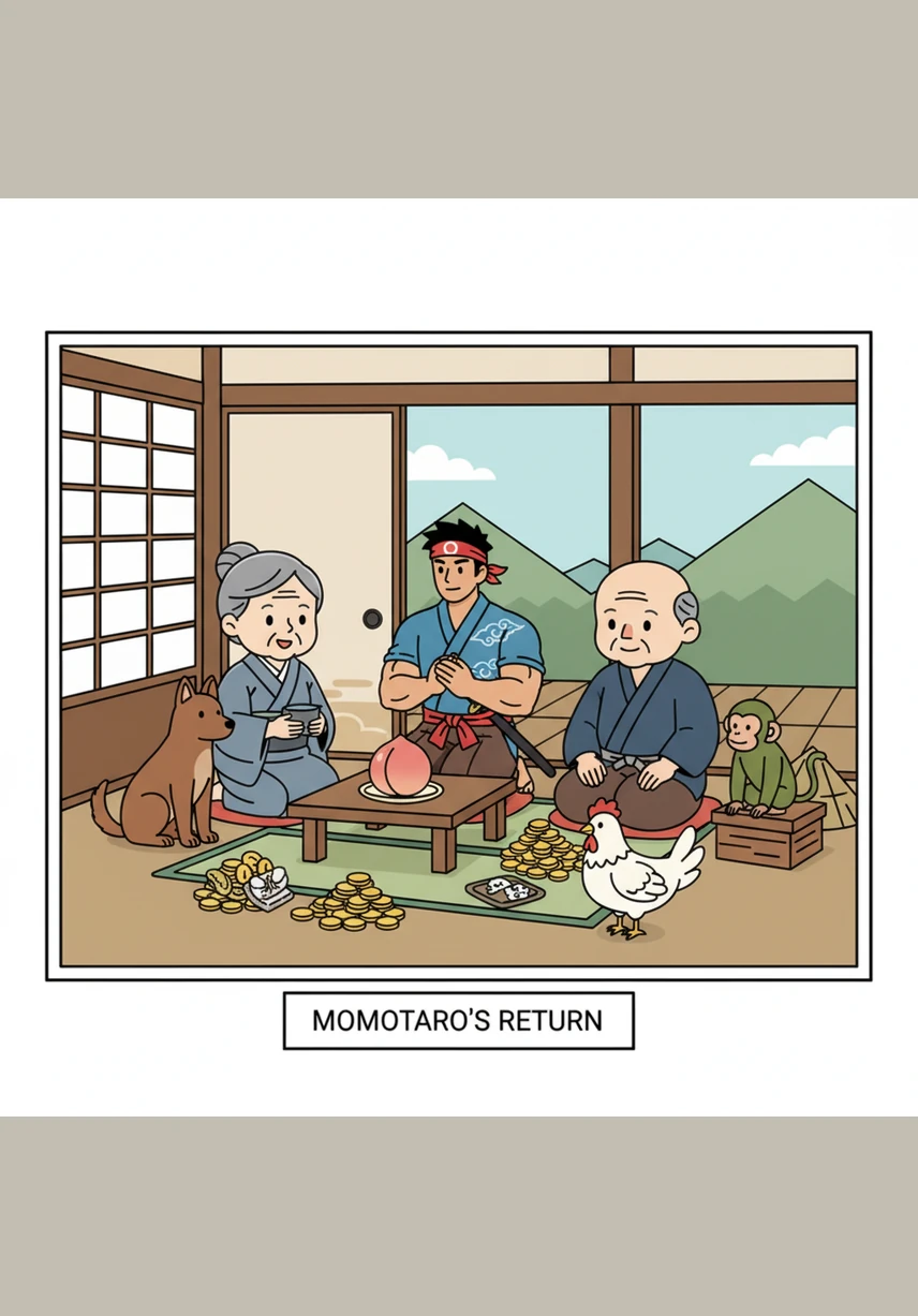 They name the boy Momotaro, meaning Peach Boy, and raise him with all the love in their hearts. As the years pass, Momotaro grows into a strong, kind-hearted youth who helps his parents and is loved by everyone in the village.