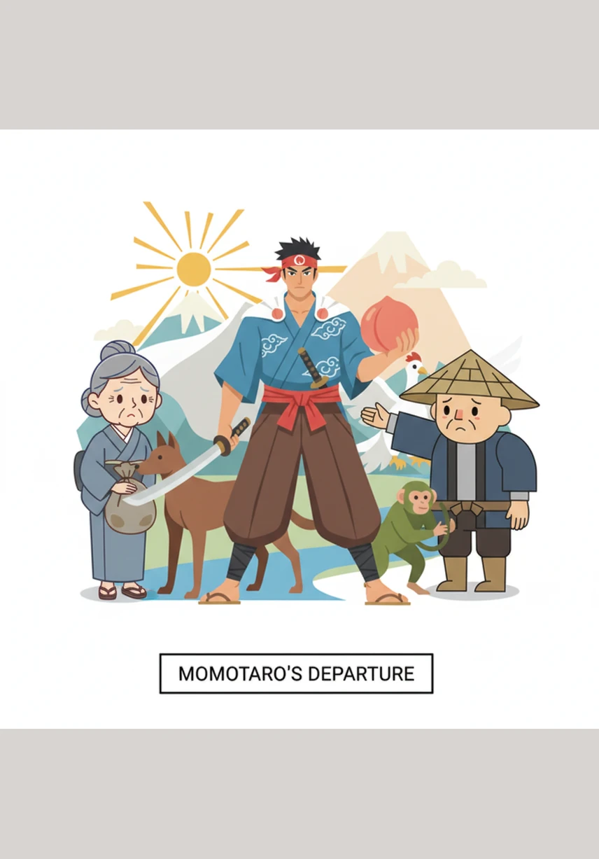 One day, Momotaro decides to travel to the distant Ogre Island to protect his village from trouble and bring peace to the land. Obaasan gives him a pouch of special kibi-dango dumplings to keep his strength up during his long and brave journey.
