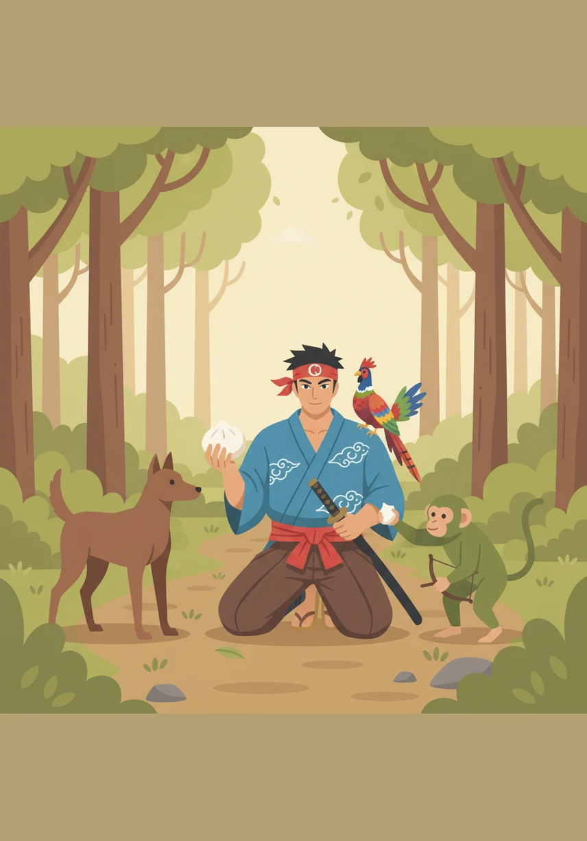 Along the forest path, Momotaro meets a loyal dog, a clever monkey, and a colorful pheasant who all promise to help him on his quest. He shares his delicious dumplings with them, and they quickly become a team of inseparable friends.