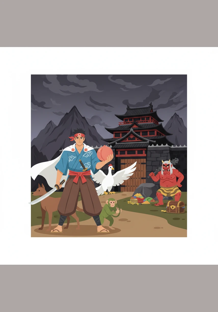 Together, the brave team reaches the dark gates of Ogre Island, standing tall and united against the challenges ahead. With Momotaro’s leadership and his friends' unique skills, they work together to show that courage and kindness can overcome any obstacle.