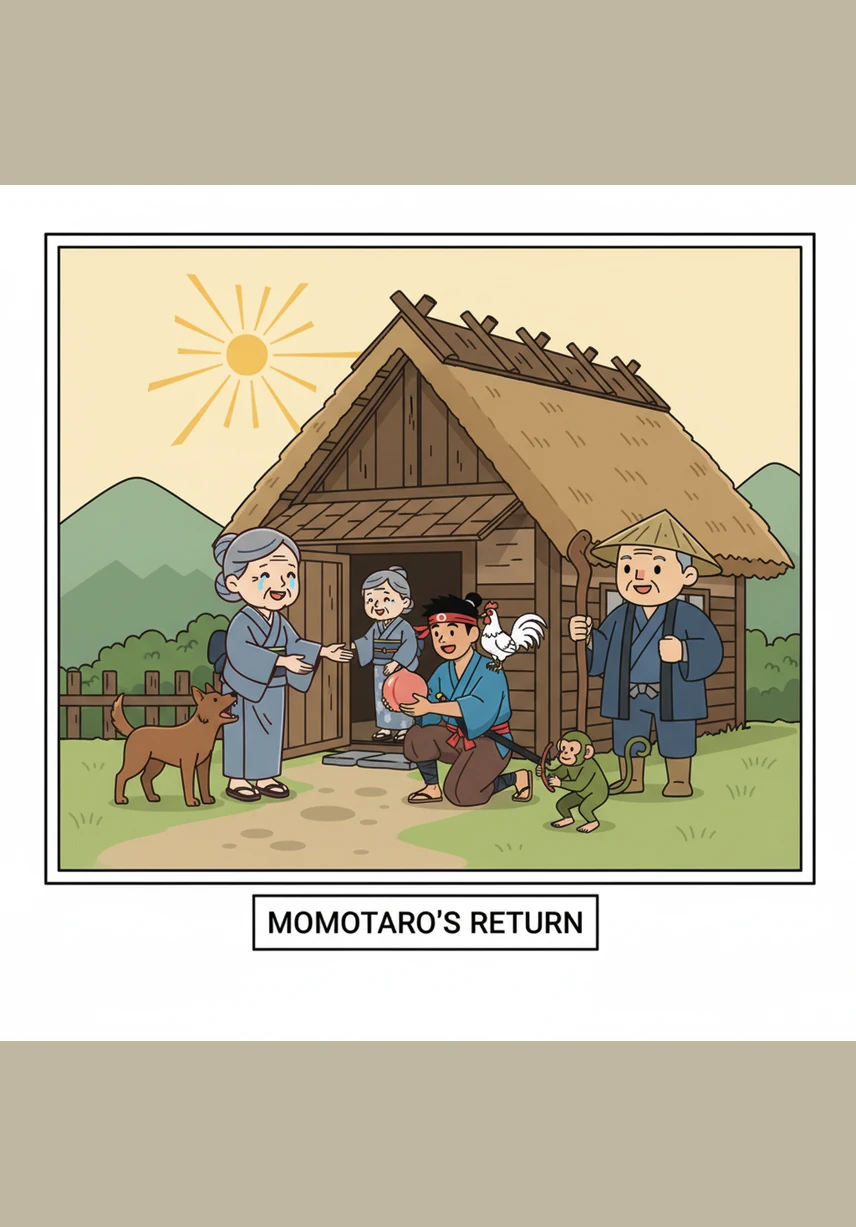 Momotaro returns to his parents' cottage, greeted with tears of joy and warm embraces from the old couple. He brings home stories of his adventures and lives happily with his family and animal friends, forever a hero in their hearts.