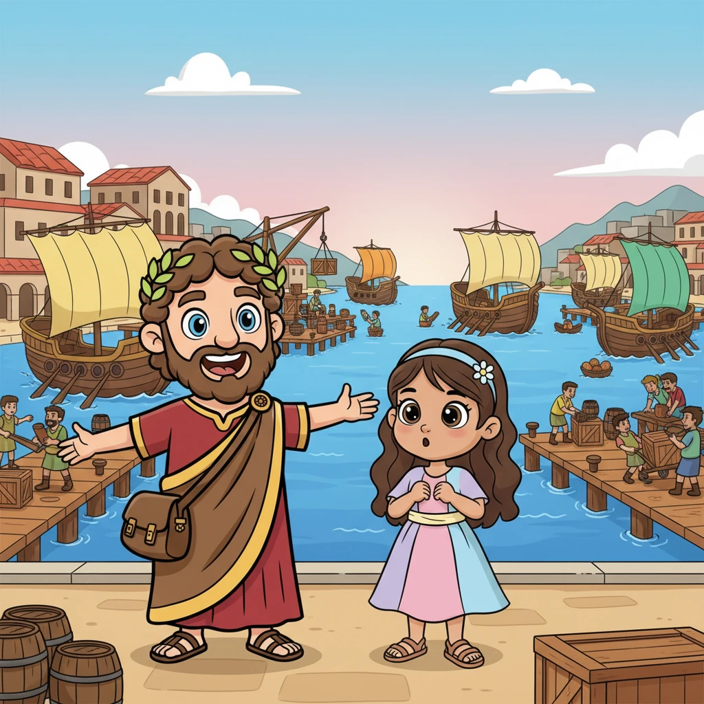 A vibrant cartoon illustration in a classic animated film style. A panoramic view of an ancient Roman port with a bustling atmosphere. Marcus, a friendly Roman merchant with an exaggerated, welcoming gesture and a big smile, stands beside Jasmin, a curious young girl with wide, amazed eyes. Colorful ships with simplified sails are docked, and tiny, dynamically posed workers load and unload goods. Bright, cheerful colors, bold clean outlines, smooth flowing lines. No text or labels.