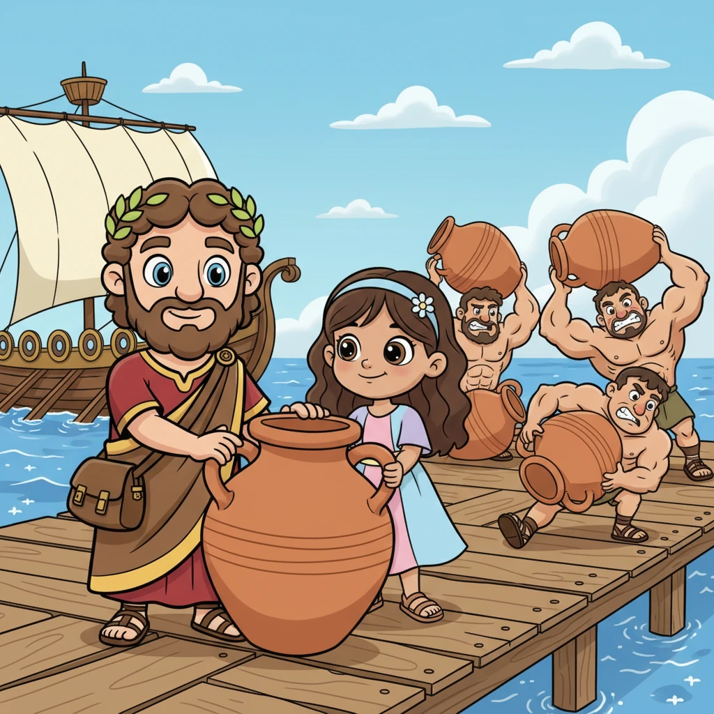 A vibrant cartoon illustration in a classic animated film style. A close-up on a bustling ancient Roman pier. Exaggerated, muscular workers, comically struggling with huge, round terracotta pottery jars. Jasmin, a young girl, points inquisitively. Marcus, the Roman merchant, stands with a knowing smile, gently tapping a jar. Bright, cheerful colors, bold clean outlines, expressive faces, dynamic poses. No text or labels.