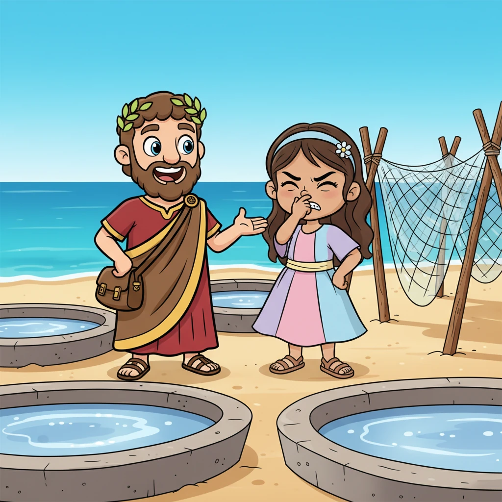 A vibrant cartoon illustration in a classic animated film style. A sunny beach scene with large, flat stone basins filled with shimmering liquid. Whimsical wooden poles hold fishing nets drying in the sun. Jasmin, a young girl, holds her nose with a comical, scrunched-up face, while Marcus, the Roman merchant, chuckles and gestures towards the basins. Bright, cheerful colors, bold clean outlines, expressive faces, playful elements. No text or labels.