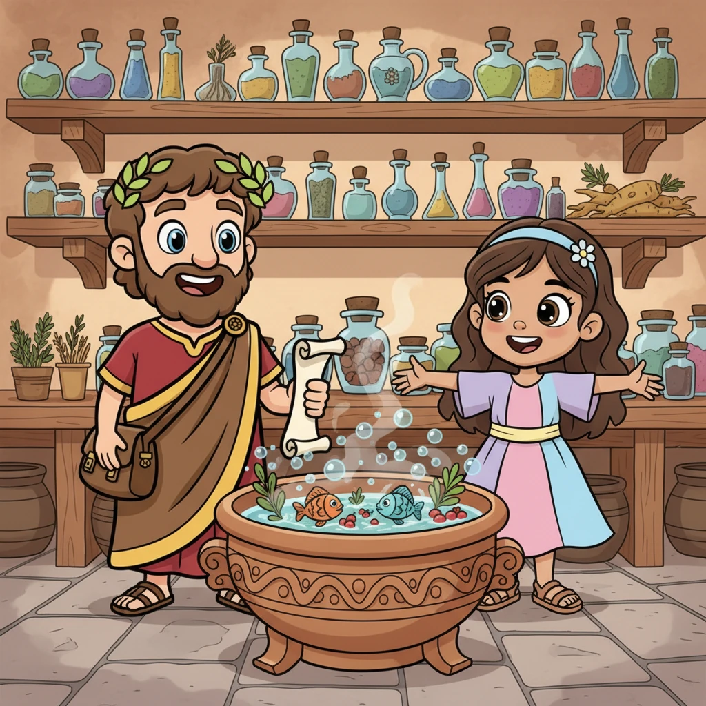 A vibrant cartoon illustration in a classic animated film style. Inside a cozy, traditional workshop. Fermentation basins filled with colorful fish and herbs are bubbling. Rows of small, decorative bottles line wooden shelves. Marcus, the Roman merchant, points enthusiastically at the basins. Jasmin, the young girl, looks with wide-eyed wonder and a big smile. Bright, cheerful colors, bold clean outlines, exaggerated proportions. No text or labels.