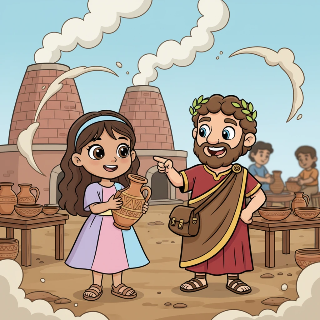A vibrant cartoon illustration in a classic animated film style. A bustling pottery area with tall, smoking kilns and active workshops. Jasmin, a young girl, holds up a beautifully crafted pottery shard, examining it closely. Marcus, the Roman merchant, points with a proud grin to the brick kilns in the background. Playful swirls of clay dust add to the dynamic scene. Bright, cheerful colors, bold clean outlines. No text or labels.