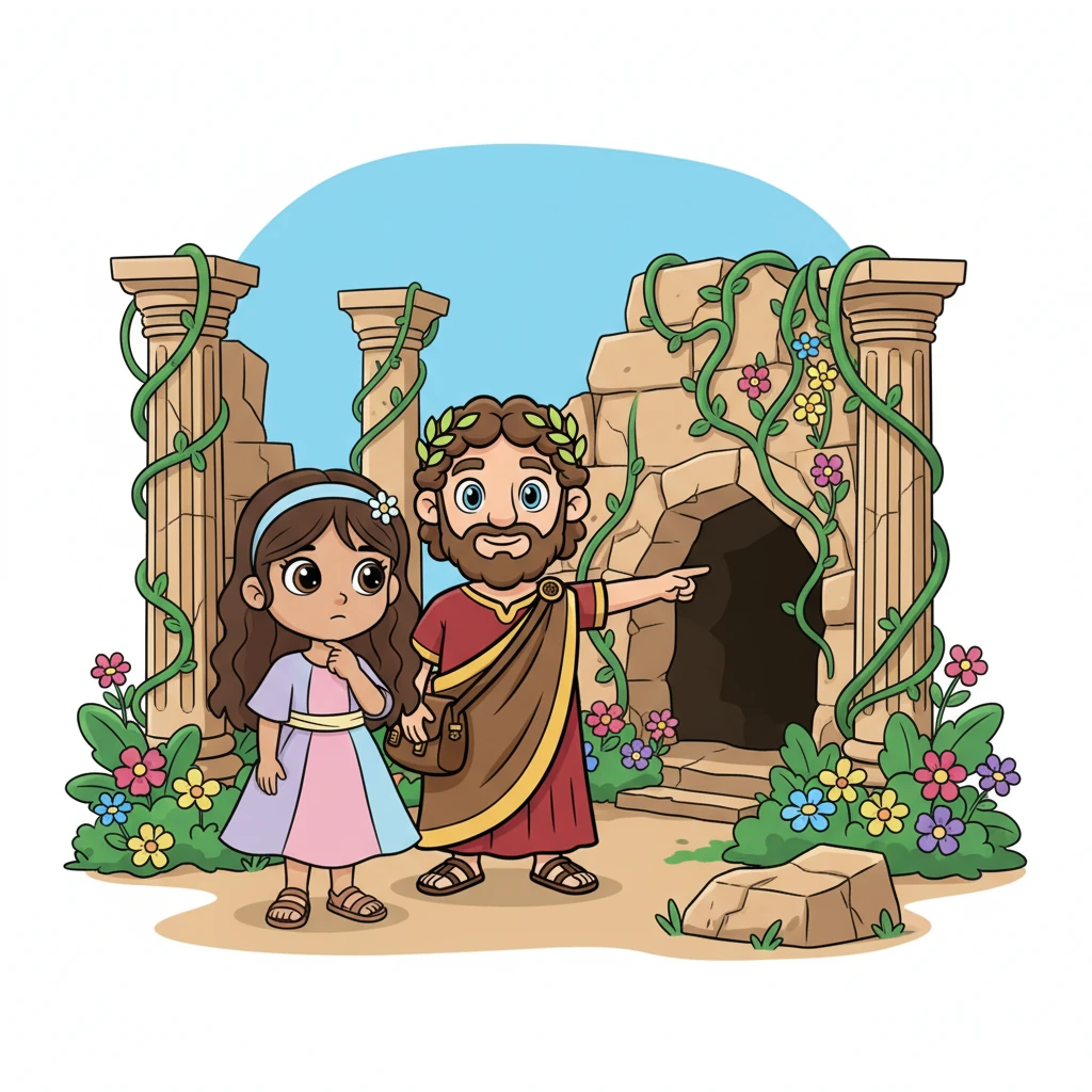 A vibrant cartoon illustration in a classic animated film style. Ancient ruins at 'Ghar al-Dhaby.' Broken Roman columns and crumbling villa walls are playfully overgrown with winding green vines and bright, cheerful flowers. Jasmin, a young girl, looks thoughtful. Marcus, the Roman merchant, points towards a mysterious, shadowed cave entrance. Bright, cheerful colors, bold clean outlines, whimsical elements. No text or labels.