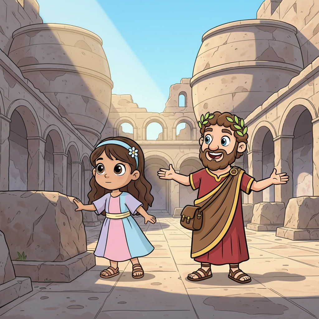 A vibrant cartoon illustration in a classic animated film style. Inside grand, partially ruined Roman baths. Enormous, empty water cisterns loom like friendly giants. Whimsical shadows are cast by the remains of archways. Jasmin, a young girl, explores with awe, touching a weathered stone. Marcus, the Roman merchant, gestures broadly to the vast space. Bright, cheerful colors, bold clean outlines. No text or labels.