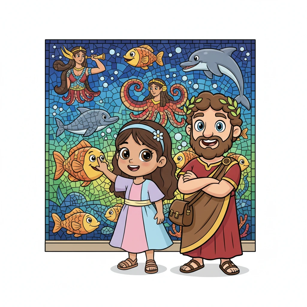 A vibrant cartoon illustration in a classic animated film style. Jasmin and Marcus stand before a magnificent, colorful mosaic. The mosaic depicts a whimsical scene of stylized sea creatures and mythical figures. Jasmin's face is alight with wonder and curiosity, her finger tracing the intricate patterns. Marcus, the Roman merchant, beams with a proud smile. Bright, cheerful colors, bold clean outlines, expressive faces. No text or labels.