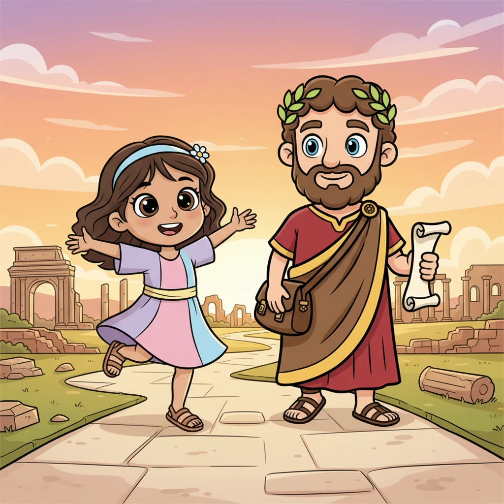 A vibrant cartoon illustration in a classic animated film style. Jasmin and Marcus walk along a scenic path overlooking the ancient city. The setting sun casts warm, golden light over the Roman ruins. Jasmin skips playfully, her silhouette dynamic and exaggerated. Marcus walks beside her with a gentle smile. Bright, cheerful colors, bold clean outlines, smooth flowing lines, whimsical atmosphere. No text or labels.