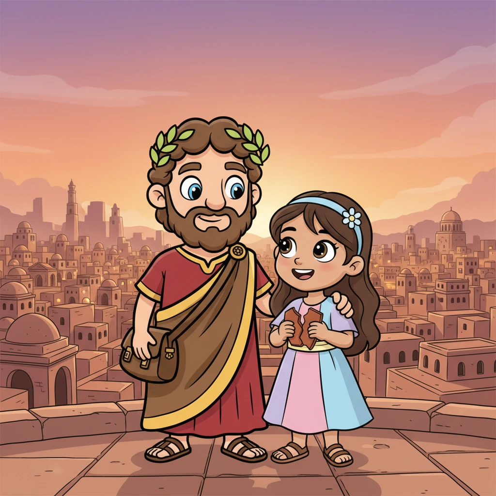 A vibrant cartoon illustration in a classic animated film style. Jasmin and Marcus stand together, looking out at the entire ancient city of Salakta, bathed in the soft glow of twilight. Jasmin holds a small pottery shard, a keepsake, and smiles up at Marcus. Marcus places a kind, comforting hand on her shoulder. The city's history feels alive around them. Bright, cheerful colors, bold clean outlines, expressive faces, a warm, reflective mood. No text or labels.