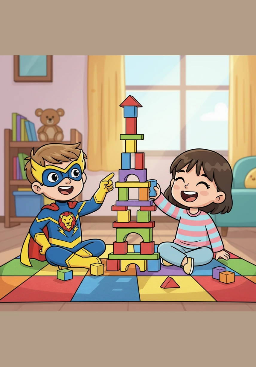 Leo and Mia sat on the colorful rug, working together to build the tallest block tower the world had ever seen. Their laughter filled the room as they carefully placed each bright wooden piece, dreaming of a castle that reached the clouds.