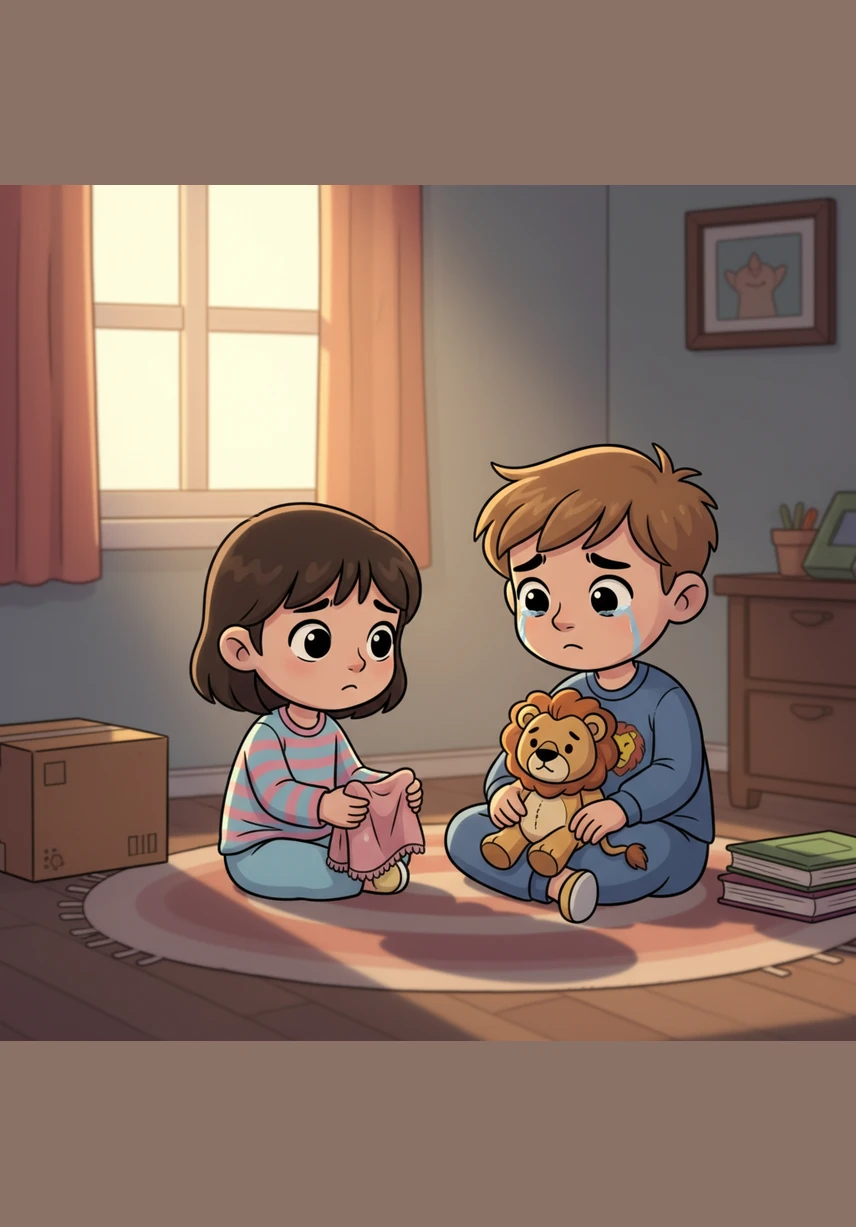 Leo went to the window to watch the raindrops race down the glass, feeling a heavy knot in his chest that wouldn't go away. Across the room, Mia sat with her teddy bear, staring at the floor and feeling just as lonely and sad.