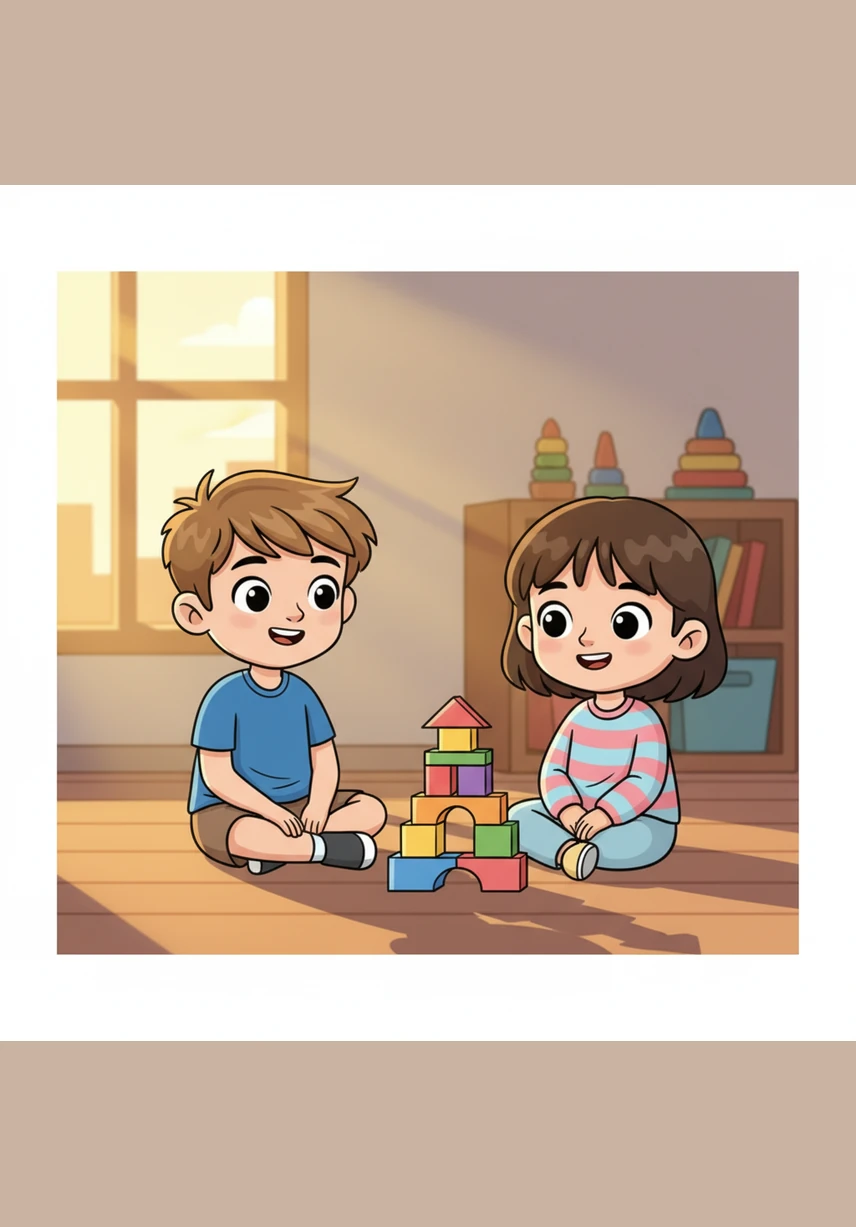 As the golden sun began to set, casting long shadows across the floor, Leo and Mia sat side by side admiring their handiwork. They knew that while towers might fall, a true friendship can always be built back stronger than ever.