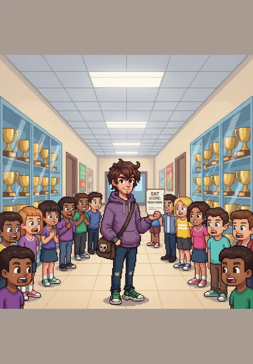Hunch Jr. stands confidently in his high school hallway, holding a perfect SAT score report while surrounded by science trophies. His classmates look at him with absolute awe, treating him like a legendary scholar whose intelligence is beyond human comprehension.