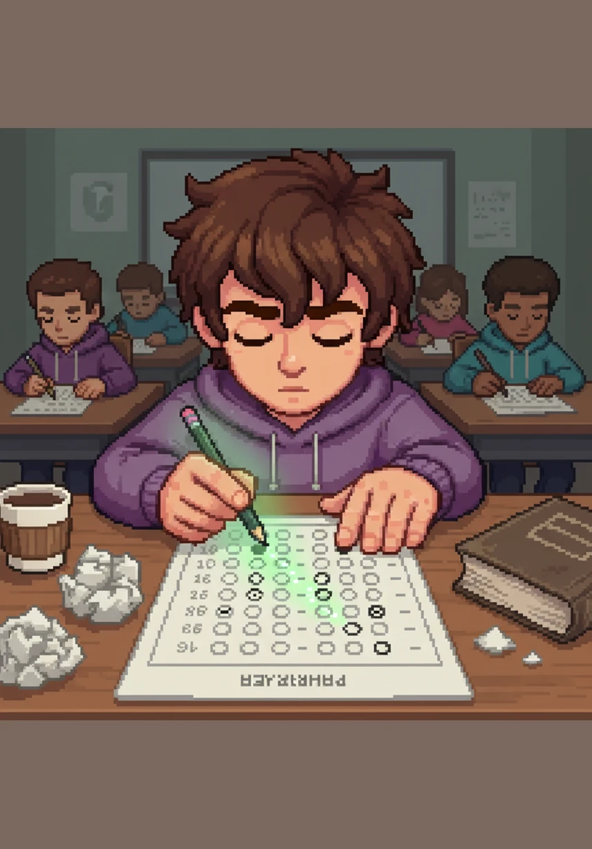 A close-up shows Hunch's hand hovering over a multiple-choice bubble sheet, his eyes closed as he follows a mysterious glowing intuition. He fills in the circles effortlessly, never having opened a single textbook, yet every single guess turns out to be perfectly correct.