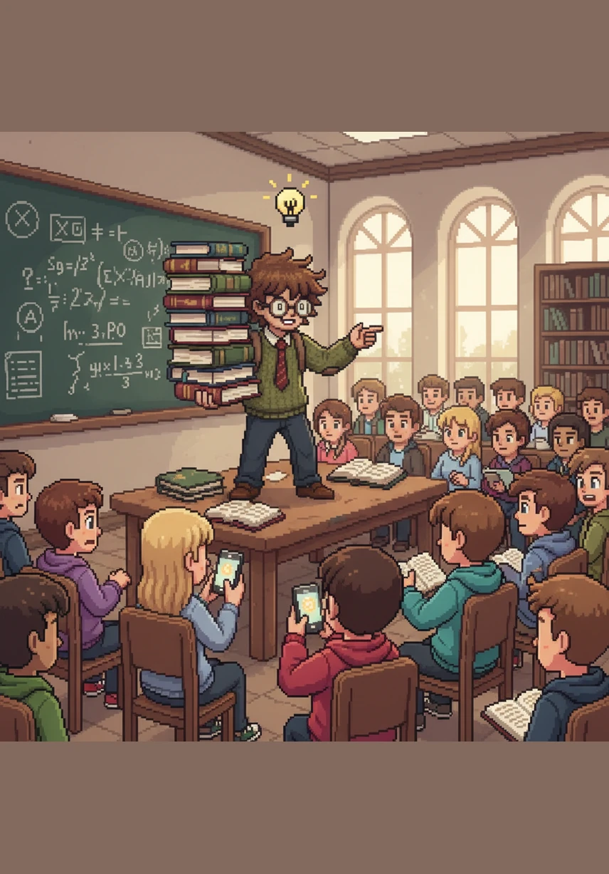 In a crowded lecture hall, Hunch wears thick glasses and sports wildly messy hair to maintain his persona as a preoccupied genius. He mumbles complex-sounding nonsense to a confused professor, who mistakenly believes Hunch's intellect is so superior that his words are simply too advanced to understand.
