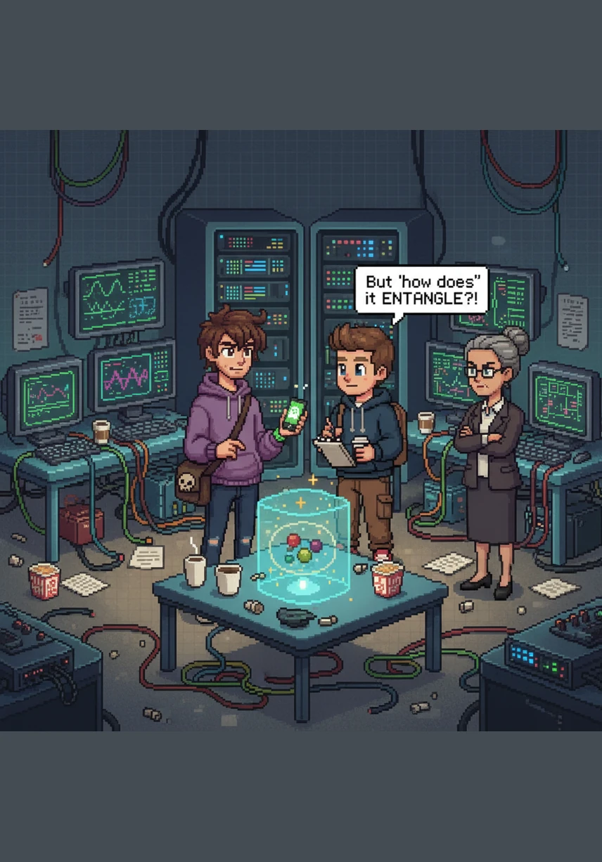 During a group meeting about quantum physics, Hunch sits silently in the corner while his teammates scribble complex equations on a massive chalkboard. The other students glance at him with growing suspicion, whispering about why their famous genius partner isn't contributing a single word to the research.