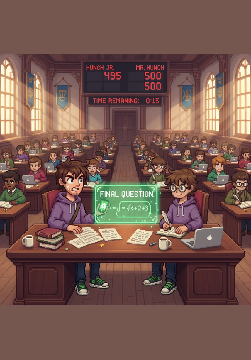At the grand competition hall, Hunch stares in total horror at a blank exam paper that contains no multiple-choice circles, only empty lines for long, written explanations. The ticking clock echoes through the silent room as he realizes his lucky instinct is useless against questions that require real logic.