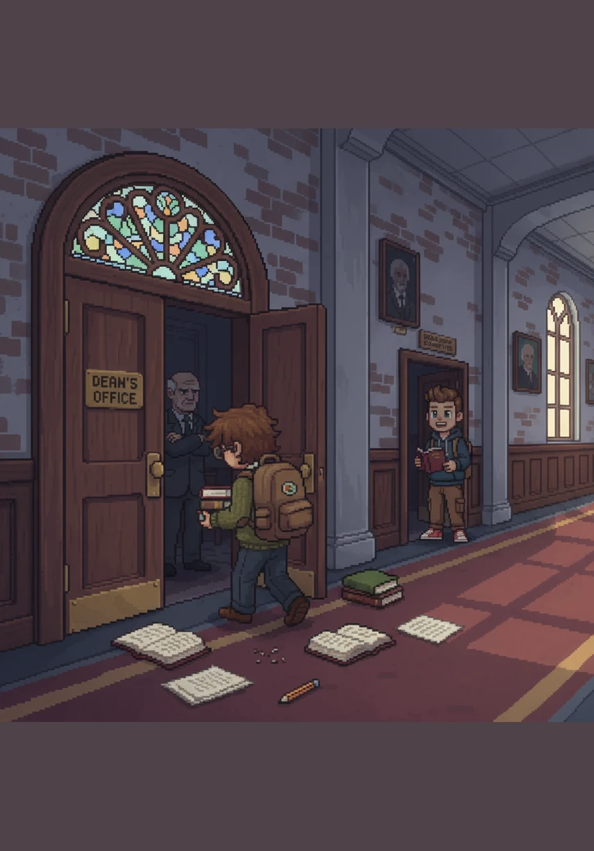 Hunch walks out of the competition arena with his head bowed, passing his disappointed teammates and a scoreboard showing a devastating zero percent. His carefully constructed reputation as a god-like genius shatters instantly in front of the entire university community.