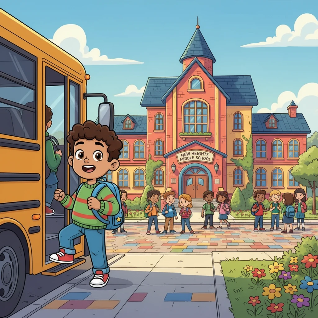 As Michael stepped off the bus, the colorful school building of New Heights Middle School loomed before him. The air buzzed with the chatter of students, and the vibrant environment felt both familiar and new. He took a deep breath, ready to face the day.
