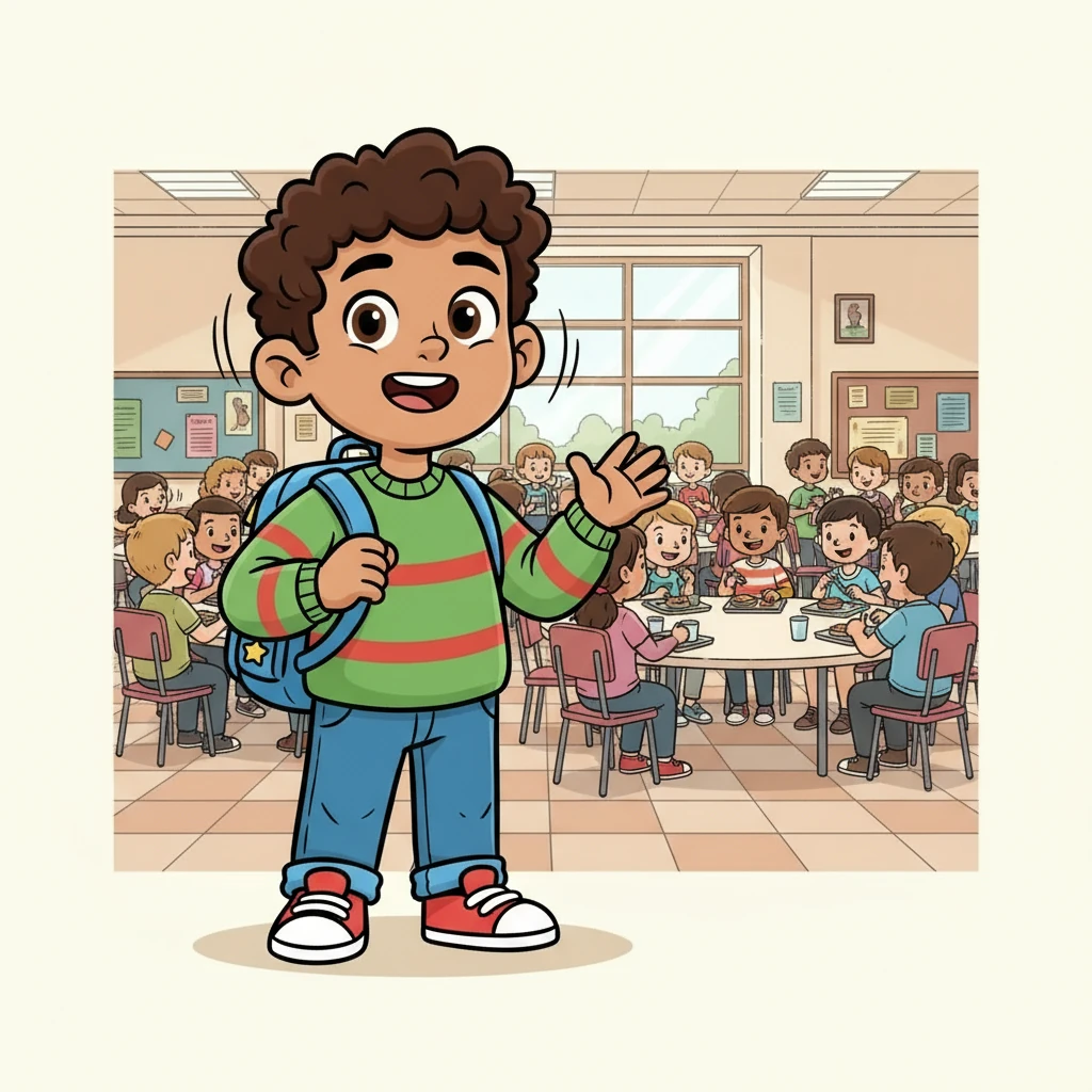 The school's cafeteria was a sea of familiar faces from 6th grade, and the place was loud. Michael spotted some friends from last year and waved. He felt a sense of relief and started to feel a bit more comfortable as he walked toward them.
