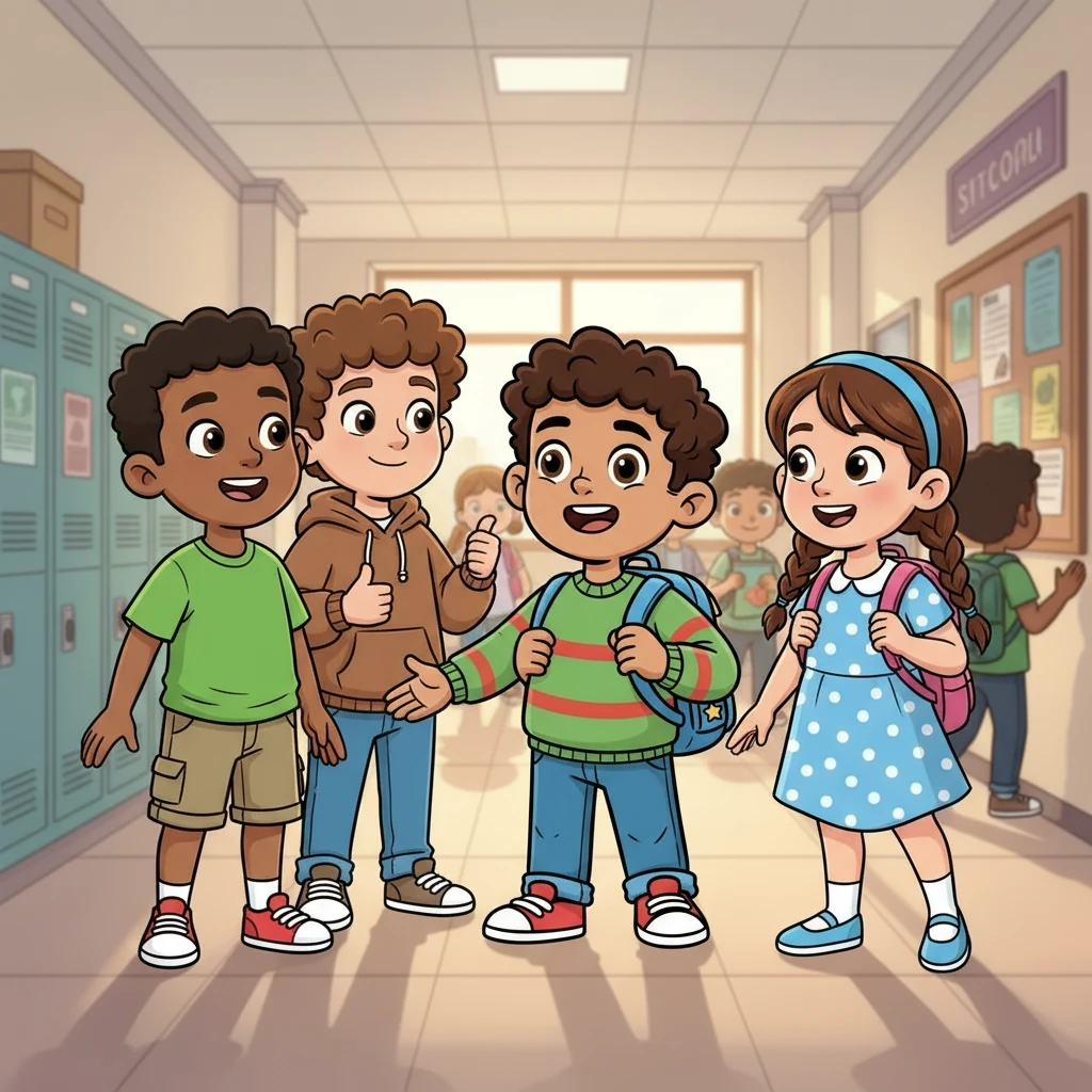 During the school day, Michael met Jayden, a boy in green, Zoe, a girl in blue, and Micah, a boy in brown. They were excited to make new friends, and Michael was happy to have them. They were all in different grades, but shared the same enthusiasm for a new year.