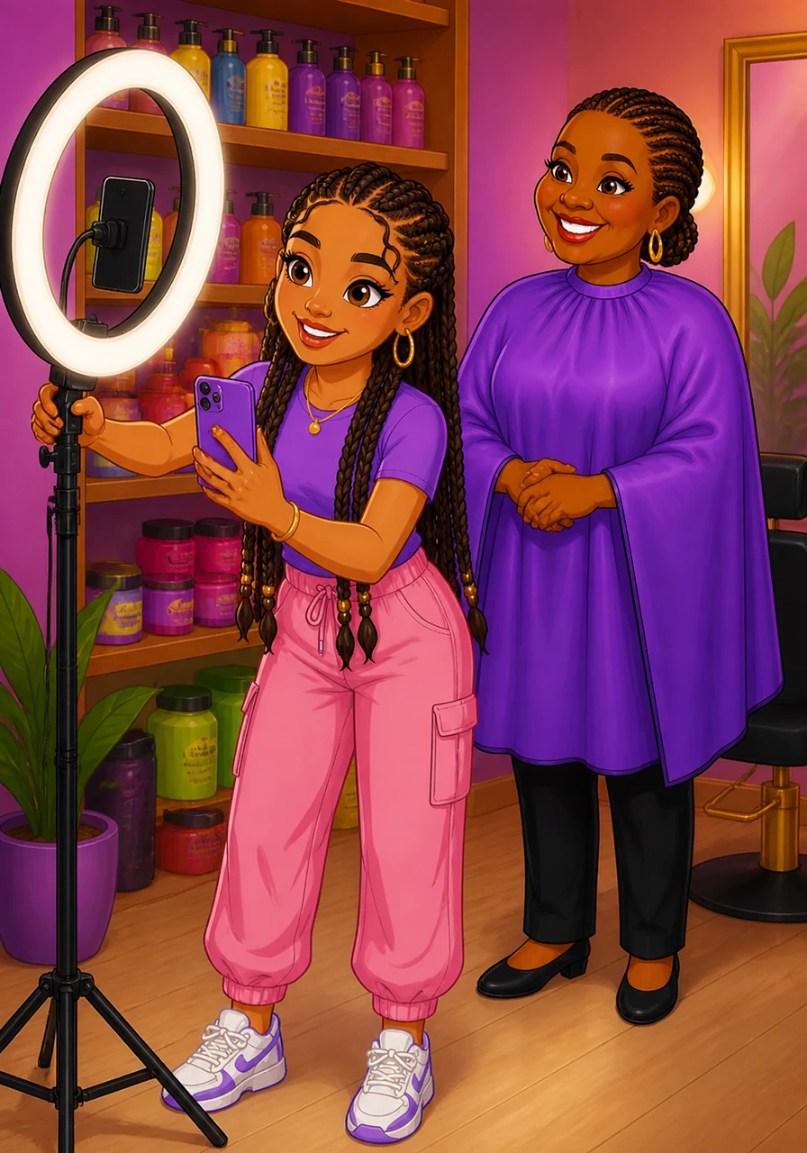 Maya adjusts the large ring light in the corner of the vibrant Crowns and Curls salon. She checks the camera angle on her phone, making sure the colorful bottles of oils and shea butter on the shelves behind her are perfectly in frame.