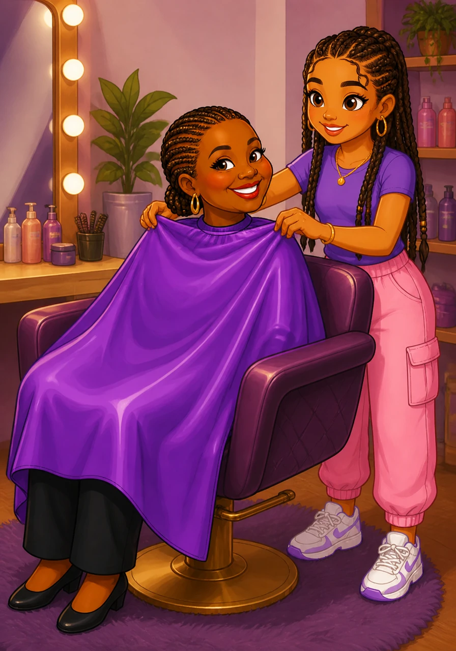 Auntie Amara enters with a warm smile and takes her seat in the plush styling chair. Maya gently drapes a silky cape over her shoulders, preparing to transform her crown of natural hair into a work of art.