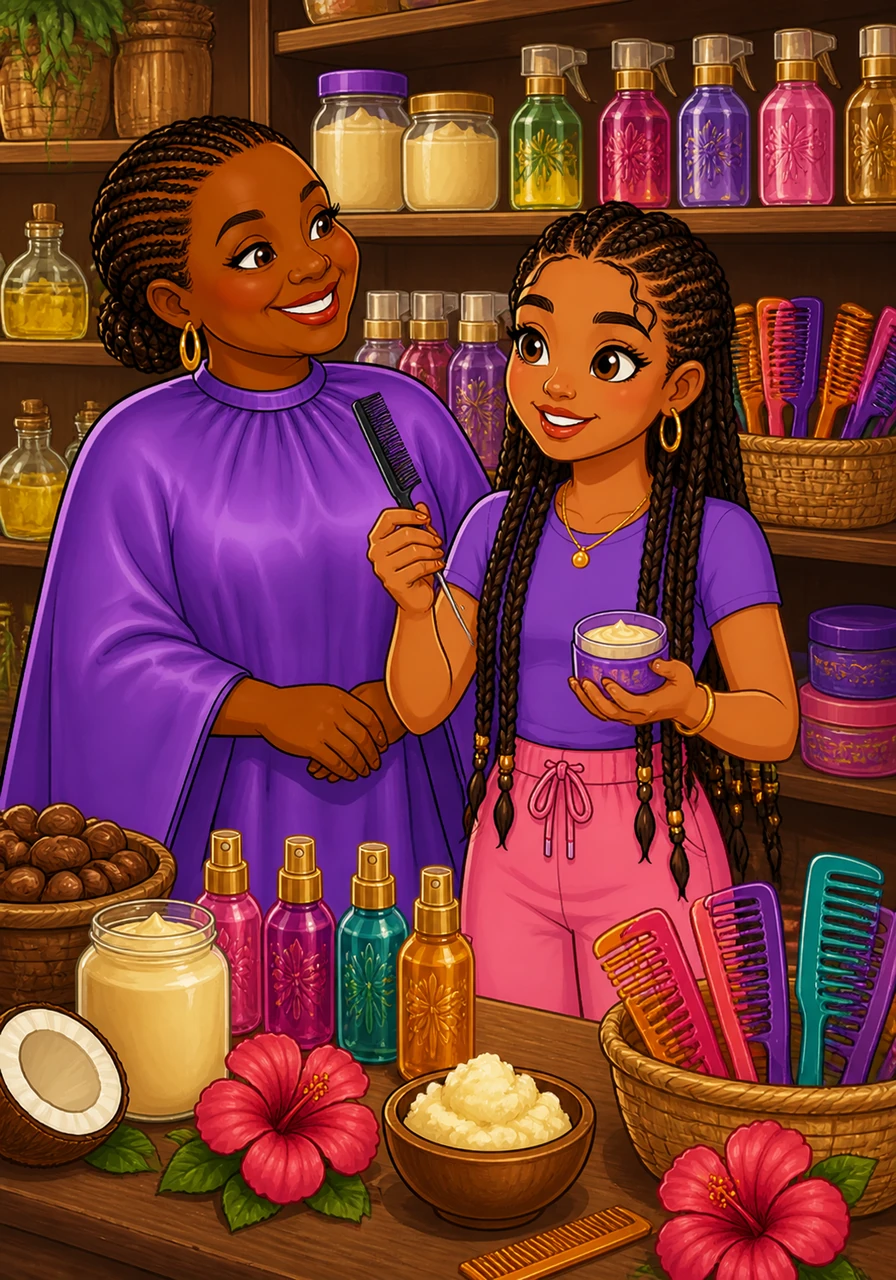 The shelves are a treasure trove of heritage, lined with jars of cocoa butter, ornate spray bottles, and colorful combs. Maya selects a specialized parting tool and a tub of edge control, the scents of coconut and hibiscus filling the air.