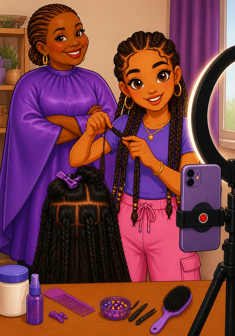 With the record button pressed, Maya begins the first section, her fingers moving with rhythmic precision. The ring light reflects in her eyes as she carefully divides the hair, explaining the importance of tension and patience to her digital audience.