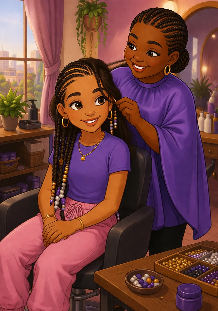 The salon is filled with the soft hum of the city outside and the intimate click-clack of decorative beads being prepared. Half of Amara’s head is now adorned with neat, gleaming rows that trace beautiful patterns across her scalp.