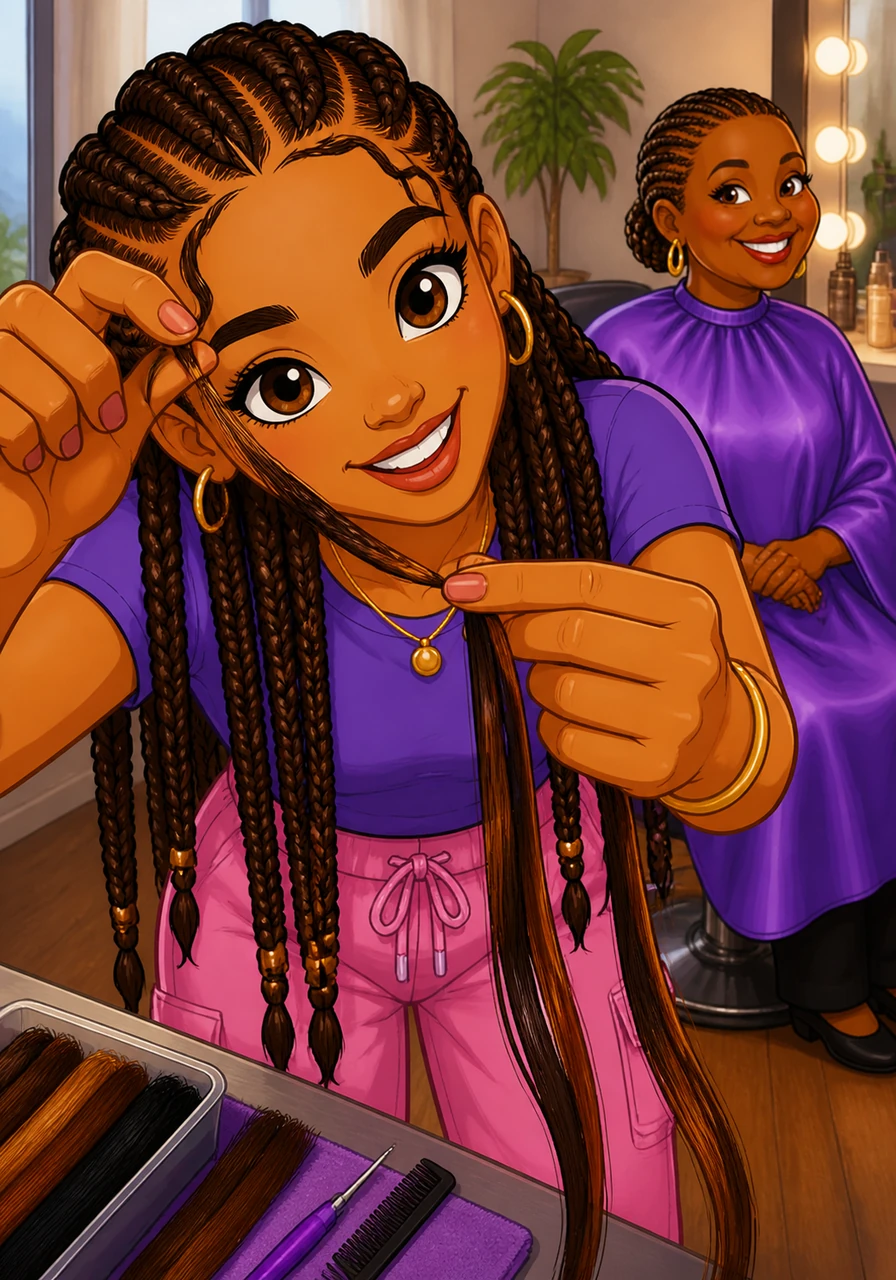 Maya leans in close to the camera to show the intricate stitch technique she is using to make the braids pop. She demonstrates how to feed in the extensions seamlessly, blending colors to match Amara’s natural glow.
