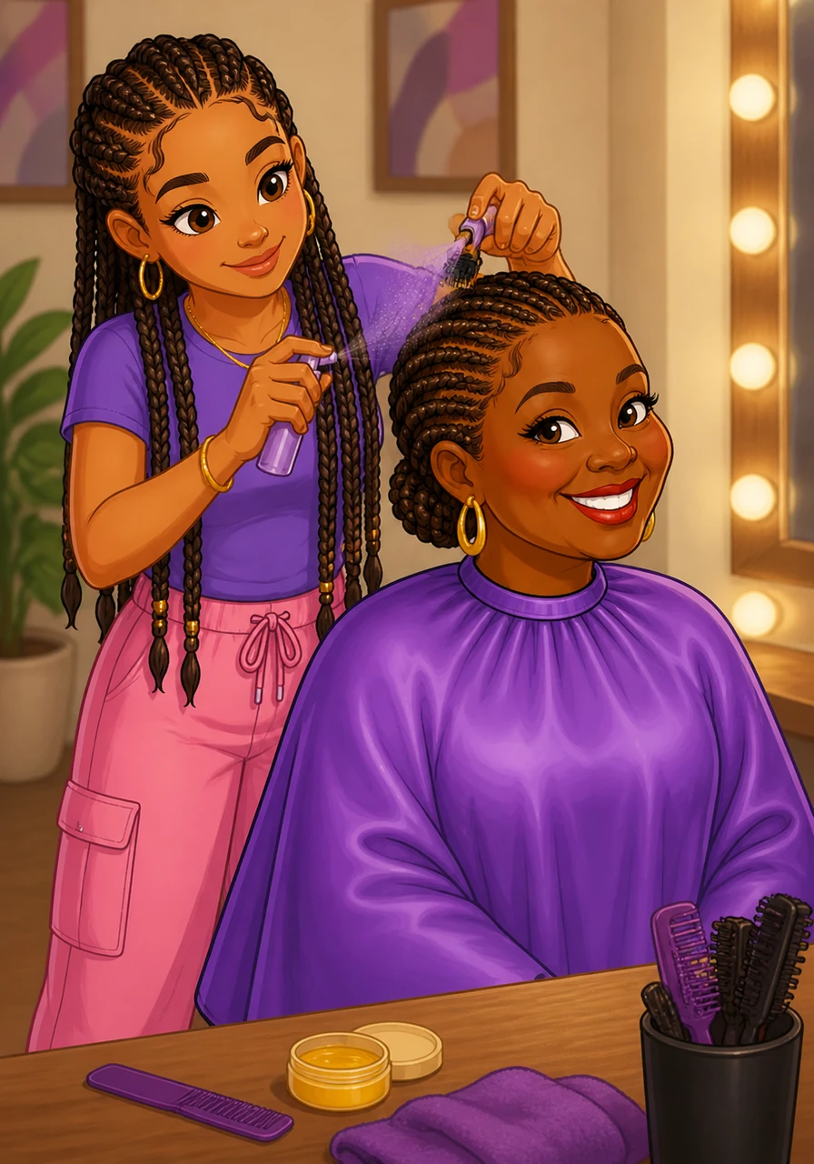 The final braid is tucked into place, and Maya meticulously applies a light mist of sheen spray. She uses a small brush to lay the edges into delicate swirls, a finishing touch that makes the entire style look polished and sharp.