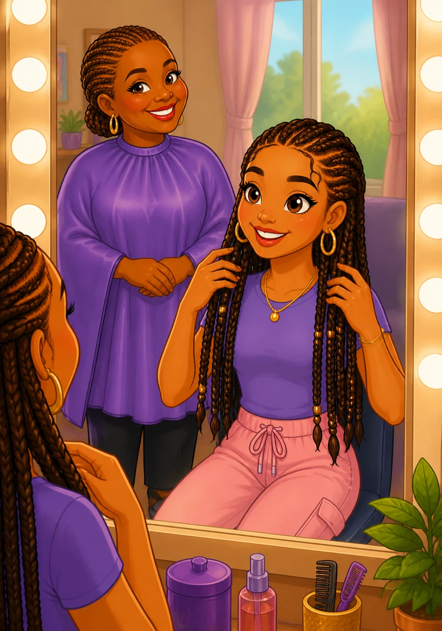 Amara turns her head from side to side in the mirror, her eyes lighting up with joy at the transformation. She touches the braids gently, feeling the strength and beauty of the style that Maya has crafted with such care.