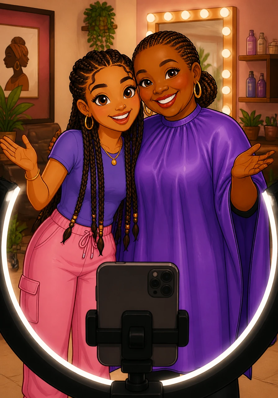 The two women pose together in front of the ring light for the final shot of the video. With wide smiles and a shared sense of pride, they celebrate the magic that happens when tradition meets the modern world in a salon chair.