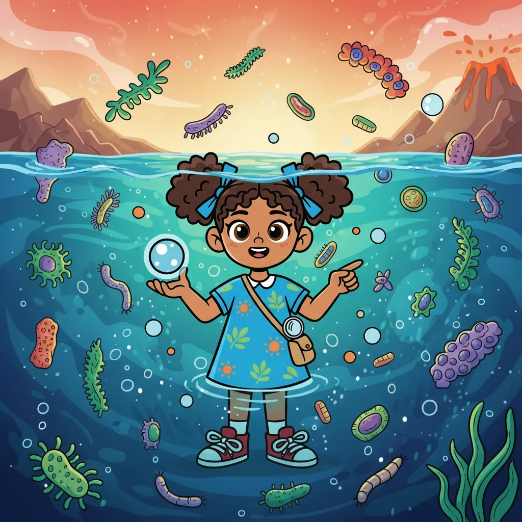 En su siguiente parada, Estela fue testigo de la aparición de las primeras formas de vida en el agua. Microorganismos, algas y las primeras células flotaban en un mar primitivo, mostrando el milagro de la vida. La joven sintió una profunda conexión con la historia de su planeta.