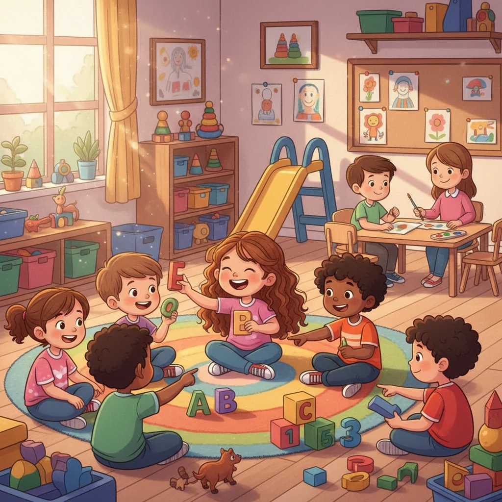 Ellie, une petite fille aux longs cheveux bruns bouclés, adorait l'école maternelle. Entourée de ses amis, elle riait souvent et apprenait avec enthousiasme les lettres et les chiffres. Chaque jour était une nouvelle aventure pleine de jeux et de découvertes.