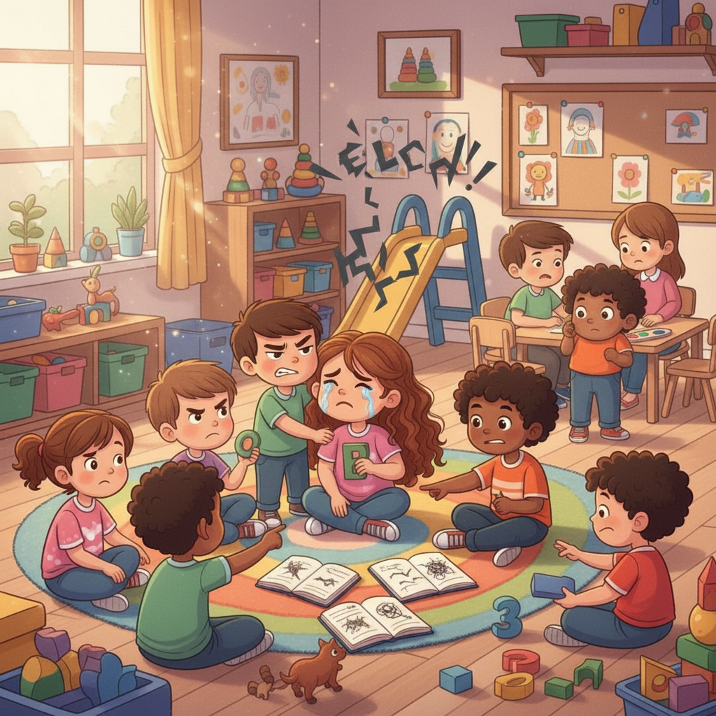 Eliott, mécontent, se montra méchant avec Ellie. Il lui dit des mots blessants, abîma ses cahiers et la bouscula. Ellie se sentait rejetée, et les larmes coulaient sur ses joues, emportant avec elles sa joie de vivre.