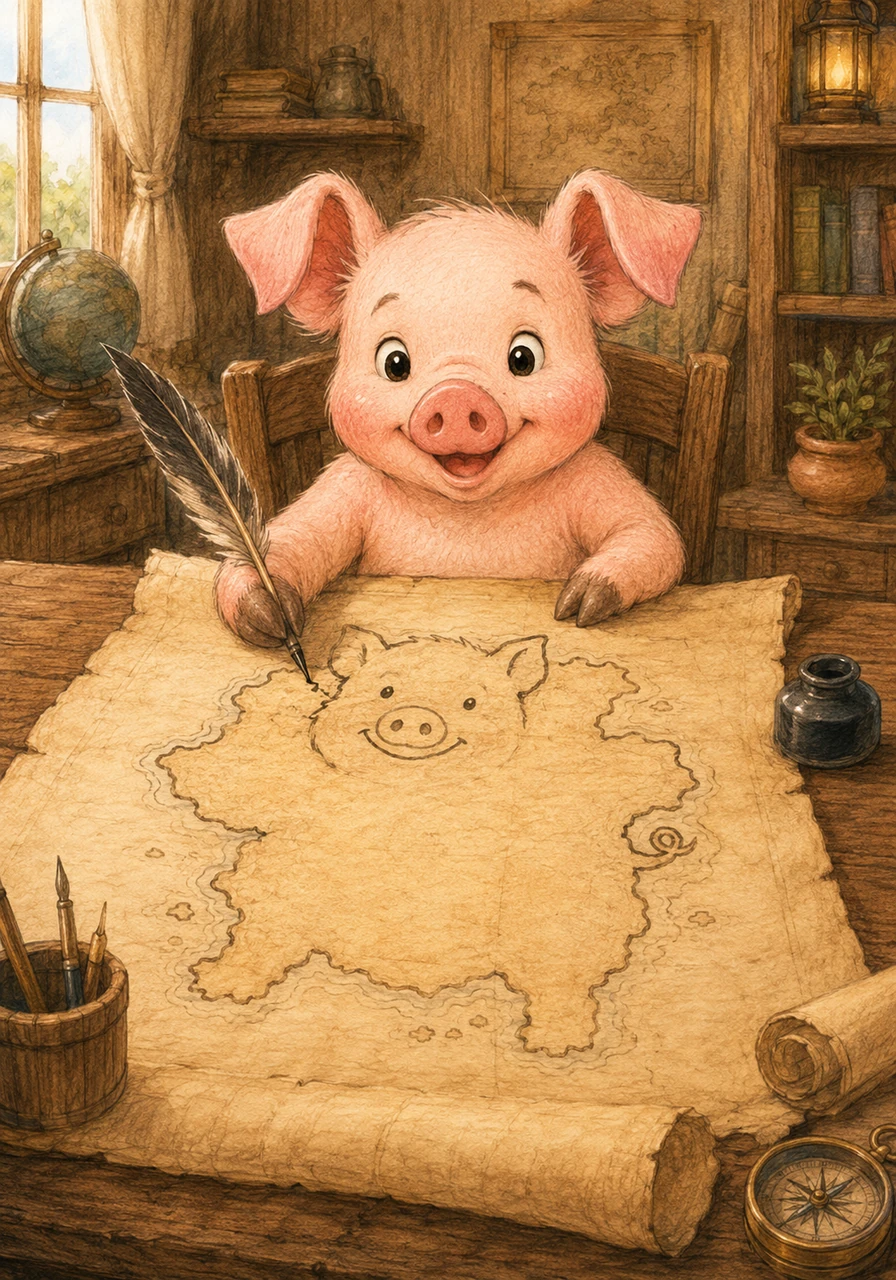 Barnaby the clever little pig unfolds a massive, blank piece of parchment across his wooden desk, ready to chart the known world. With a ink-dipped quill in hand, he draws the grand borders of his beloved homeland, a country shaped curiously like a giant, smiling piglet.