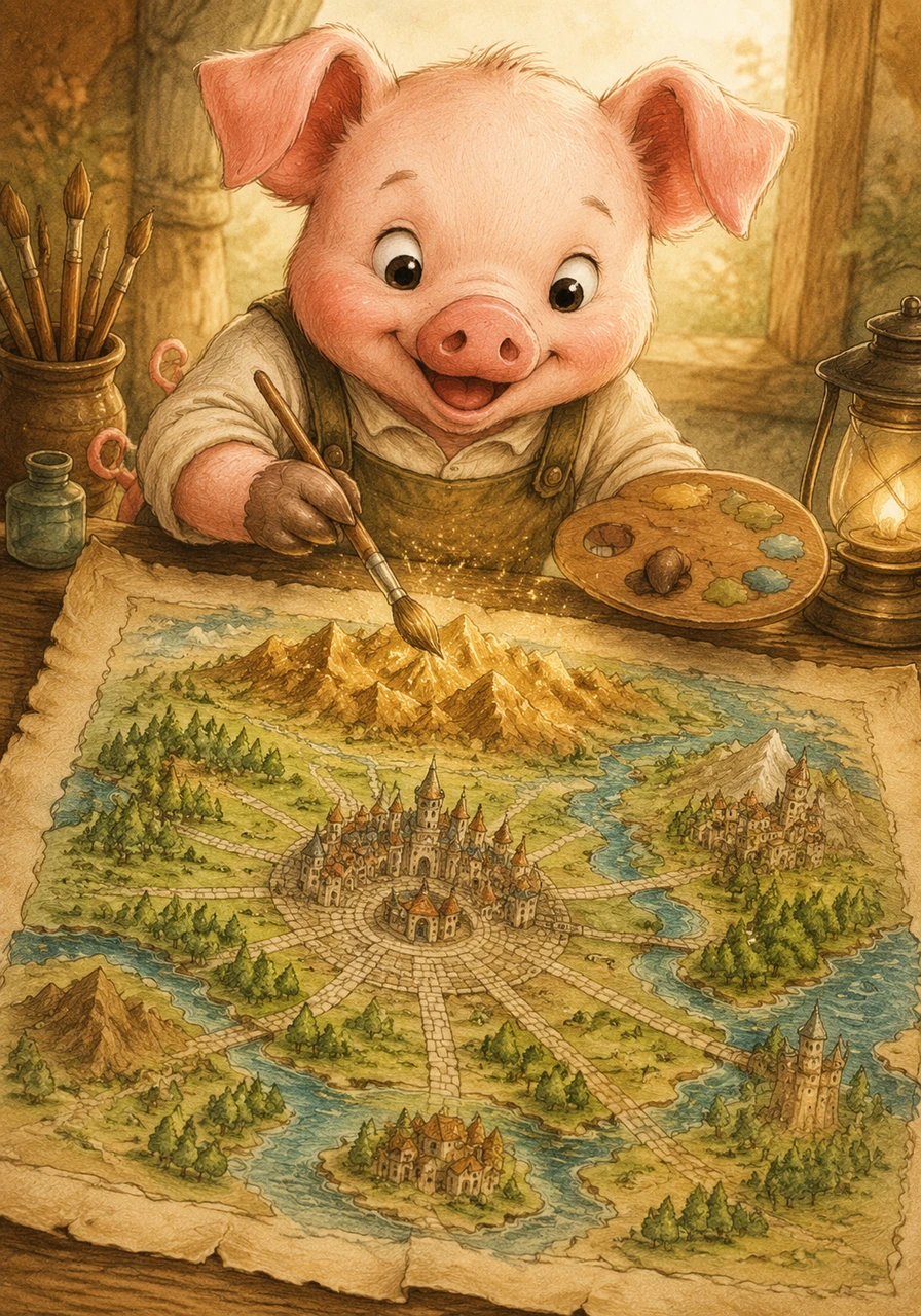The map comes alive as Barnaby paints the golden Truffle Mountains in the north, listing its highest peak at exactly nine hundred mud-meters high. He carefully labels the capital city, Snoutopolis, right in the center of the kingdom where the grand cobblestone streets radiate outward like whiskers.