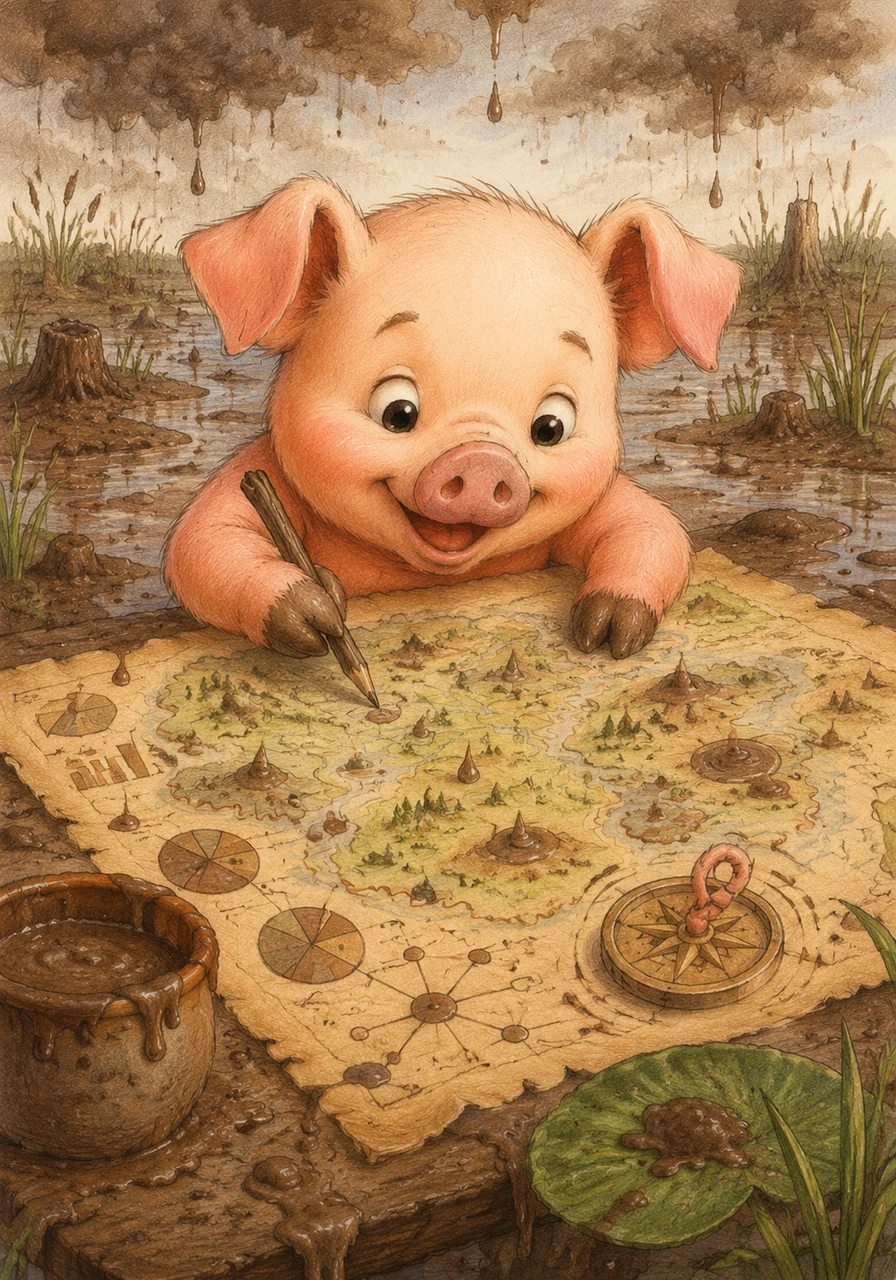 To the east, Barnaby details the Muddy Basin wetlands, adding statistical notes in neat cursive about the daily rainfall of chocolate-colored mud. A tiny compass rose in the corner of the page spins merrily, its pointer shaped like a curly pig tail pointing toward adventure.