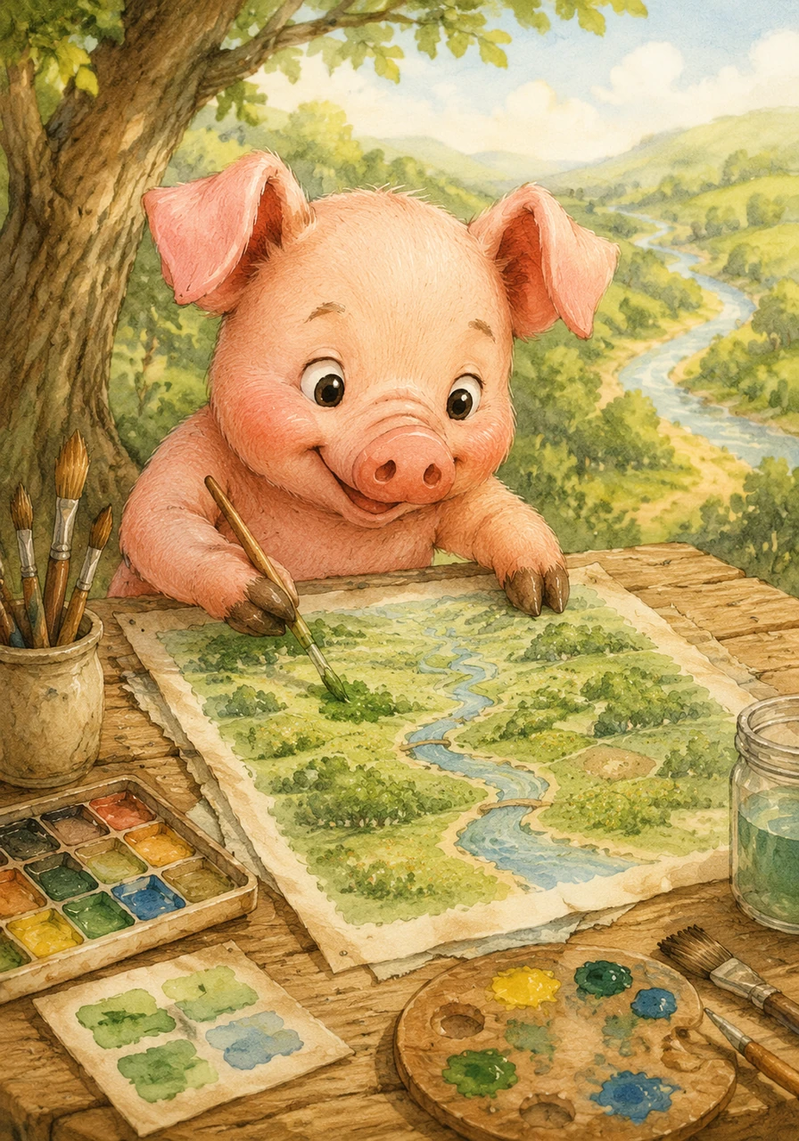 Barnaby draws the winding Ribbon River that flows through the southern meadows, noting that it sustains a population of three million cheerful, clover-eating citizens. He uses vibrant watercolor paints to shade the vast emerald fields where the annual Great Acorn Festival is held.