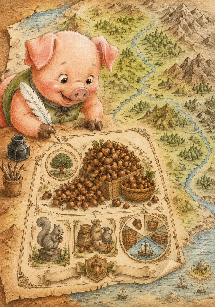 On the left side of the grand map, Barnaby creates a beautifully detailed infographic box titled National Treasures. He lists the country's main exports, highlighting that Piggustice produces forty thousand tons of shiny, polished acorns every single year.