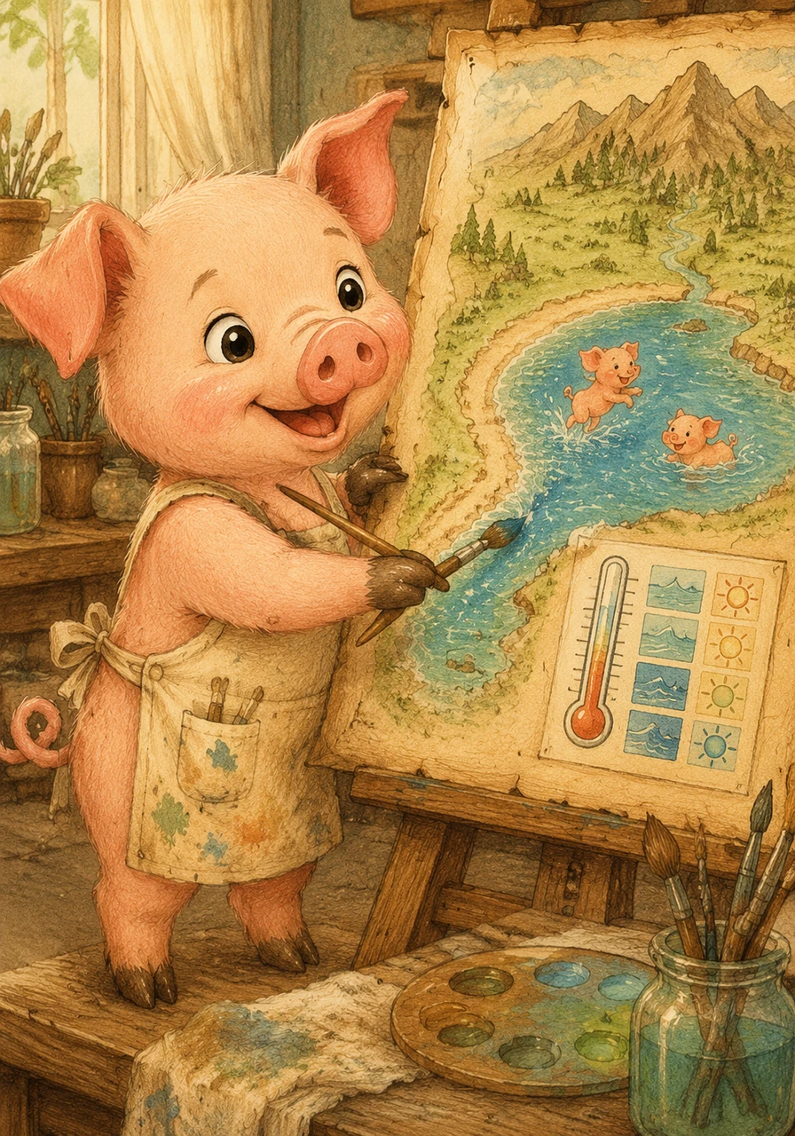 Moving his brush to the western coastline, he illustrates the Sparkling Bay, where friendly sea-pigs leap through the azure waves. A small chart beside the bay indicates the average water temperature is always perfectly warm, just right for a relaxing afternoon swim.