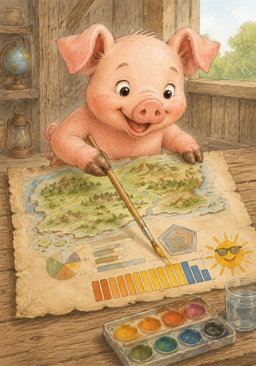 Barnaby adds a unique climate graph in the bottom corner, using colorful bars to show that Piggustice enjoys three hundred days of glorious sunshine and sixty days of perfect puddle-making rain. He smiles as he paints a little yellow sun wearing sunglasses next to the data.