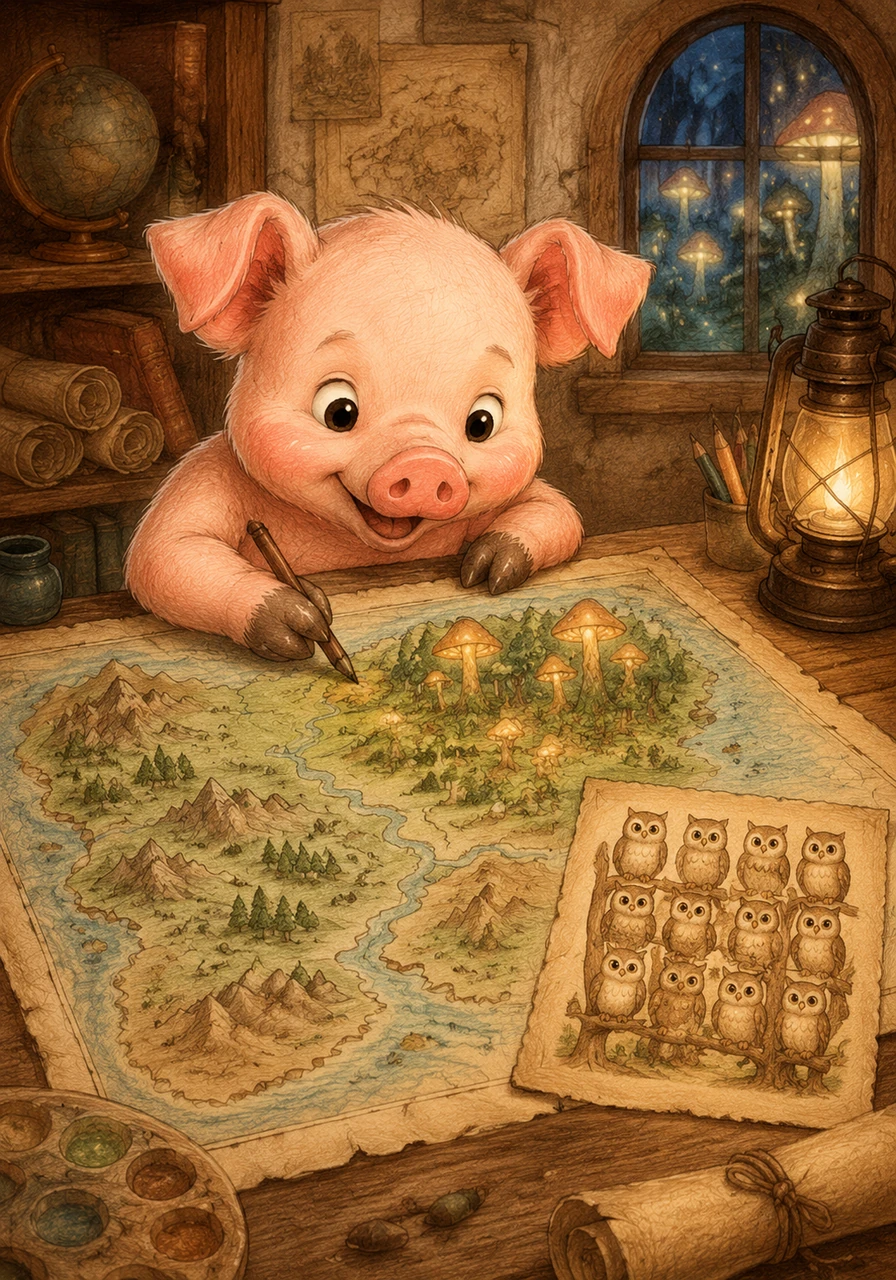 The young cartographer draws the legendary Whispering Woods in the northeast, a mysterious forest where the ancient trees grow giant, glowing mushrooms. A small warning label on the map indicates that the woods are home to exactly twelve friendly, riddle-telling owls.