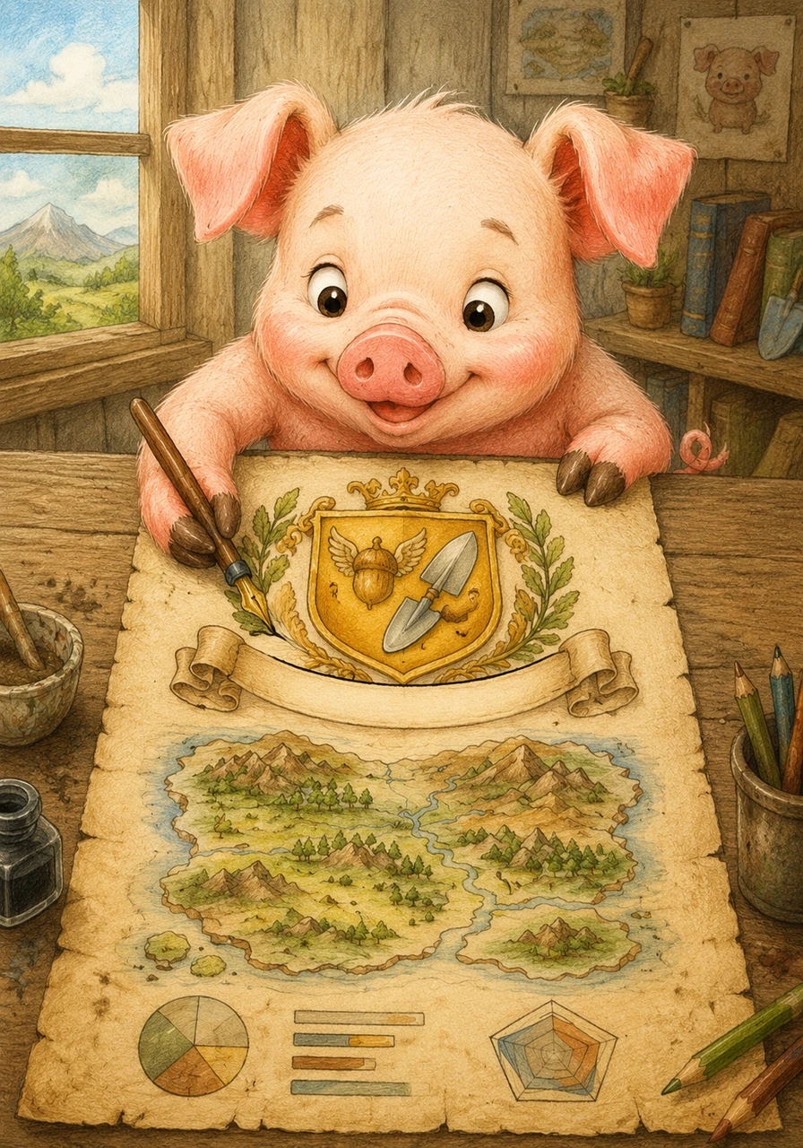 Barnaby meticulously fills in the official Crest of Piggustice at the top of the parchment, featuring a golden shield adorned with a winged acorn and a silver trowel. Below the crest, he proudly pens the national motto: In Mud and Joy We Thrive.