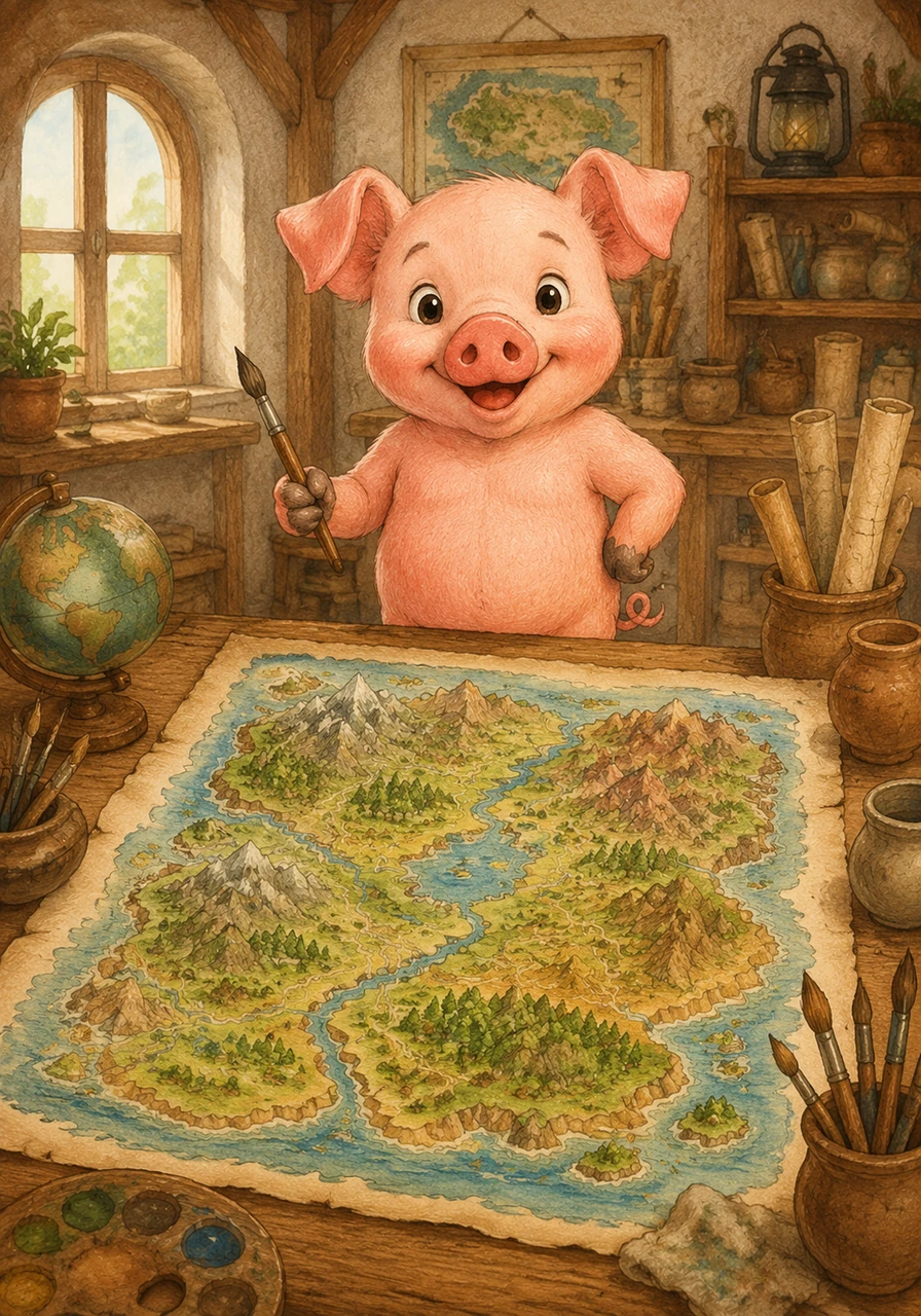 With a final tap of his brush, Barnaby steps back to admire his completed masterpiece, a magnificent and colorful map full of rich details and fascinating statistics. The grand map of Piggustice lies proudly on the table, ready to inspire generations of brave young explorers.