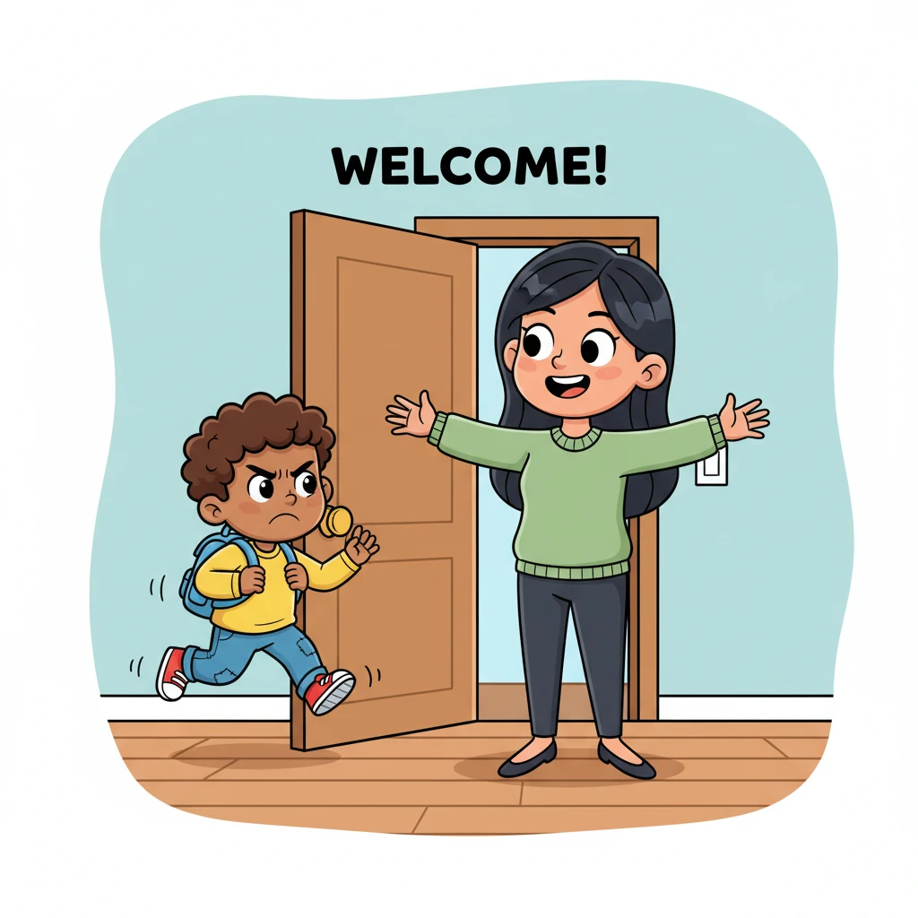 Sami burst through the front door, his backpack swinging wildly as his shoes clattered a furious rhythm on the floor. His face was a thundercloud, scrunched in a frown, while his mother, with a warm, open smile, greeted him with a cheerful 'Welcome, champ!'